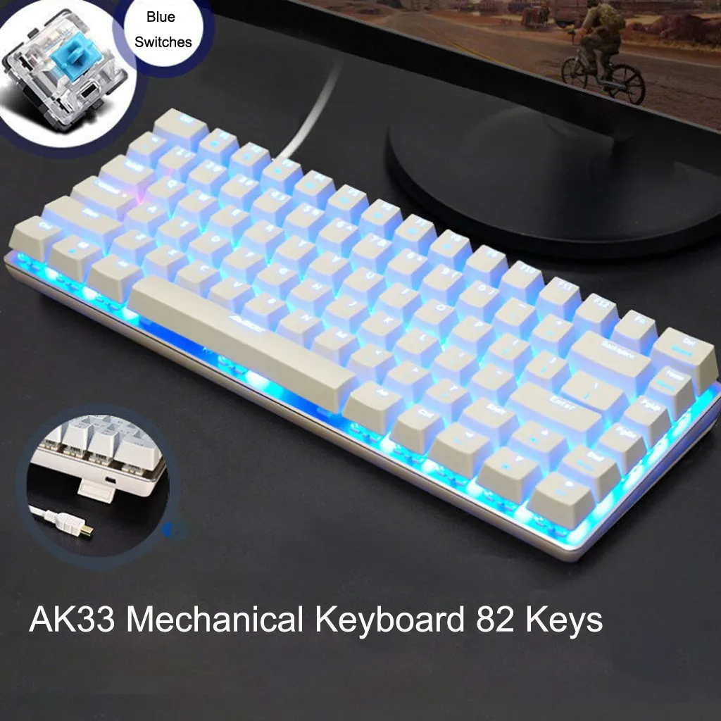 

Игровая клавиатура AK33, механическая Проводная клавиатура с подсветкой 82 клавиши, синий и черный цвета, для ПК, ноутбука, игр