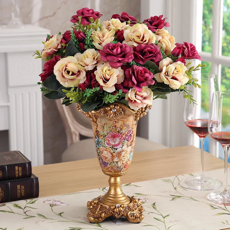 

European Luxury Classical Vase+Silk Flower Figurine Home Decoration Livingroom Desktop Retro Flowerpot Ornaments Resin Crafts