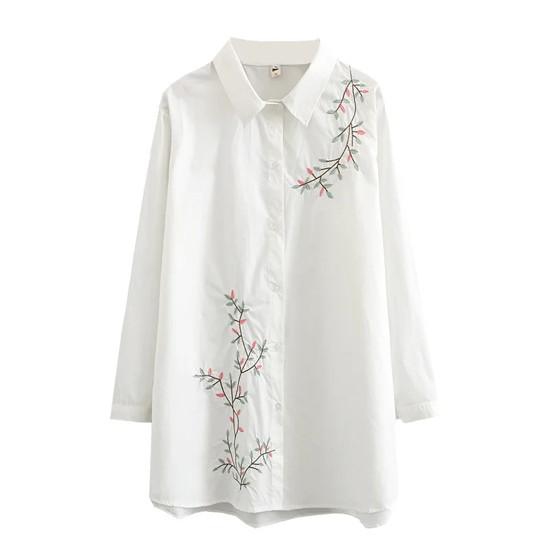 

Spring 2021 Women Shirt Plus Size Fashion Casual Clothes Female Tops Asymmetrical Length Embroidery White Camisa De Las Mujeres