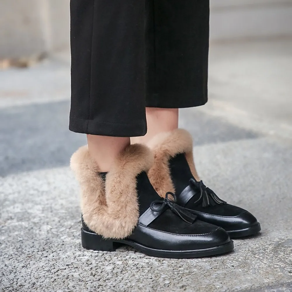 

2022 Womens Real Rabbit Fur Bowtie Tassels Ankle Boots Mule Princetown Shoes Mules Genuine Leather Warm Winter Furry Thick 2022