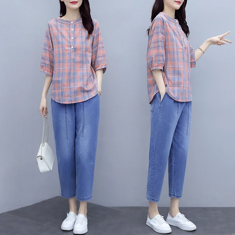 Женские костюмы из двух предметов, клетчатая рубашка и джинсы, повседневная одежда большого размера, лето 2021 г., размера плюс
Женские костюмы из двух предметов, клетчатая рубашка и джинсы, повседневная одежда большого размера, лето 2021 г., размера плюс