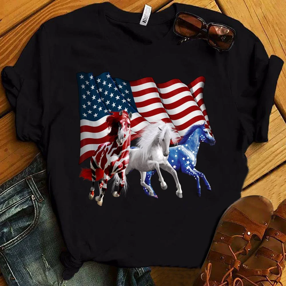 

Patriotic US Flag 4th Of July Horse Lovers Men T Shirt Cotton S-3XL Black