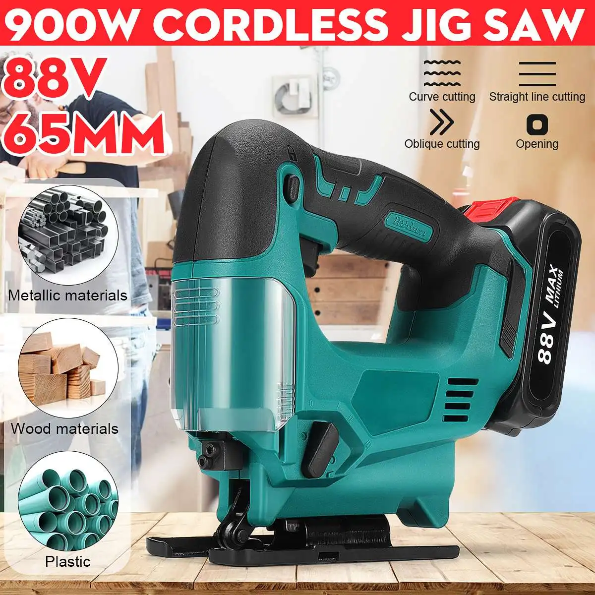 88V 65mm 2900RPM Cordless Jigsaw Electric Jig Saw Portable Multi-Function Woodworking Power Tool with 2000mAh Battery
88V 65mm 2900RPM Cordless Jigsaw Electric Jig Saw Portable Multi-Function Woodworking Power Tool with 2000mAh Battery