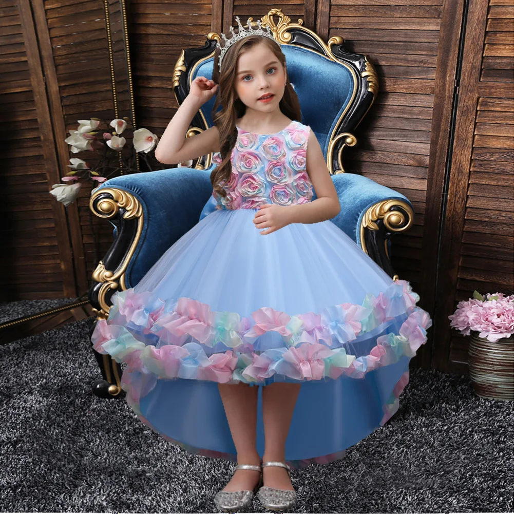 

Children's dress trailing princess dress girls net yarn flower tutu skirt 2021 new birthday dress flower girl wedding dress