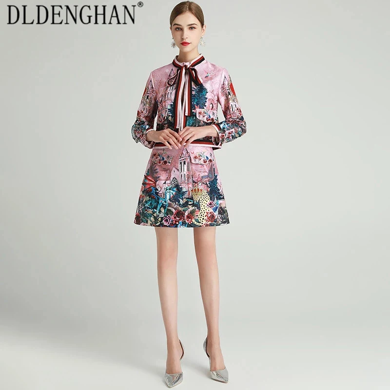 DLDENGHAN Fashion Floral Print Set Women's Long sleeve Hidden Breasted Jacket Tops +Mini Skirt Two-Piece Sets Autumn New