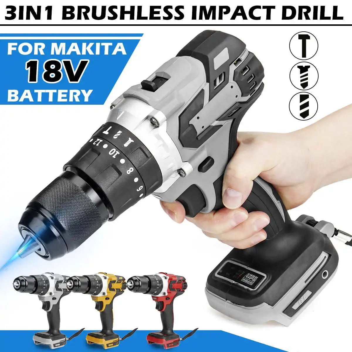 18V 3 in 1 Brushless Cordless Electric Hammer Drill Screwdriver 13mm 20+3 Torque Impact for Makita Battery | Инструменты
