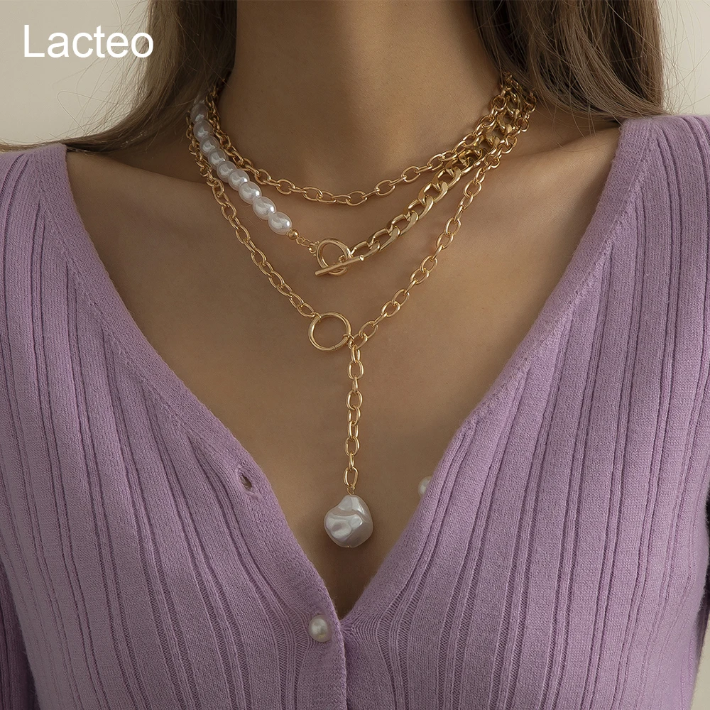

Lacteo Vintage Baroque Imitation Pearls Long Pendant Necklace Steampunk Multi Layered Metal Chain Stick Circle Choker Necklace
