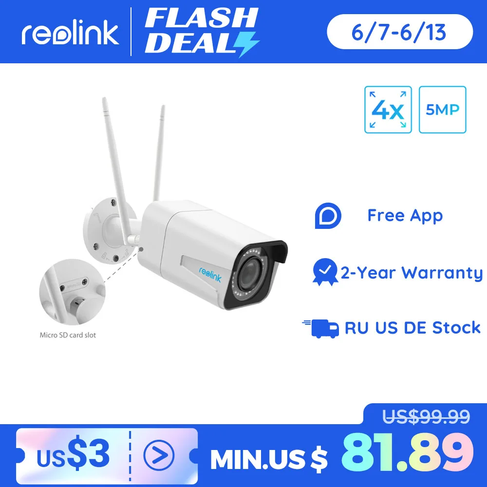 Reolink 5MP 4x оптический зум WiFi камера слот для sd карты ночное видение 2560x1920 охранная