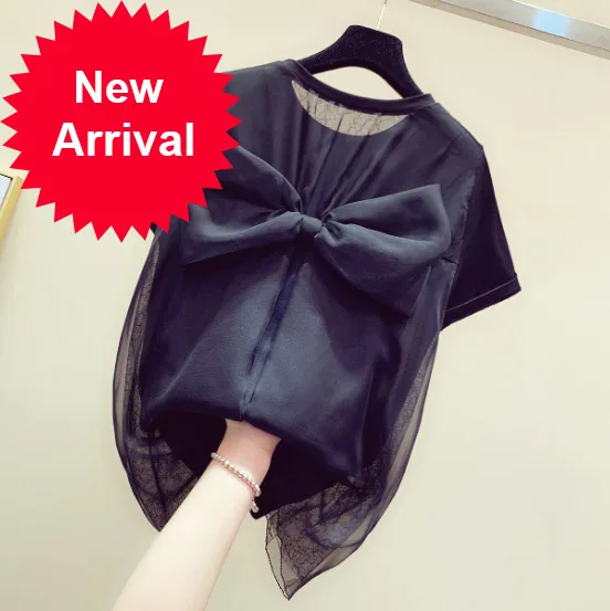 Bow T-shirt Woman Summer New Fashion Short Sleeve T-shirt Back Splice Mesh Bow Shirt Nancylim Tops White / Black Tshirt Student
Bow T-shirt Woman Summer New Fashion Short Sleeve T-shirt Back Splice Mesh Bow Shirt Nancylim Tops White / Black Tshirt Student