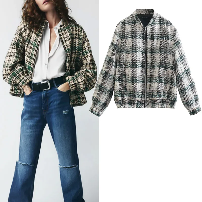Za Autumn Winter Plaid Texture Print Bomber Jacket Coat Fashion Round Neck Long Sleeve Jacket Top Chic Zipper Pocket Jacket Coat
Za Autumn Winter Plaid Texture Print Bomber Jacket Coat Fashion Round Neck Long Sleeve Jacket Top Chic Zipper Pocket Jacket Coat