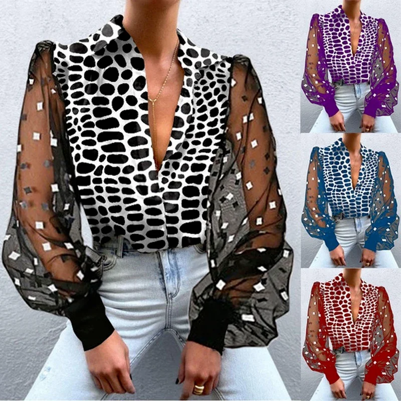 Sexy Blouse Women Lantern Sleeves V-neck Patchwork Shirt Spring Autumn Casual Loose Lace Blouses Leopard-print Ladies Tops
Sexy Blouse Women Lantern Sleeves V-neck Patchwork Shirt Spring Autumn Casual Loose Lace Blouses Leopard-print Ladies Tops