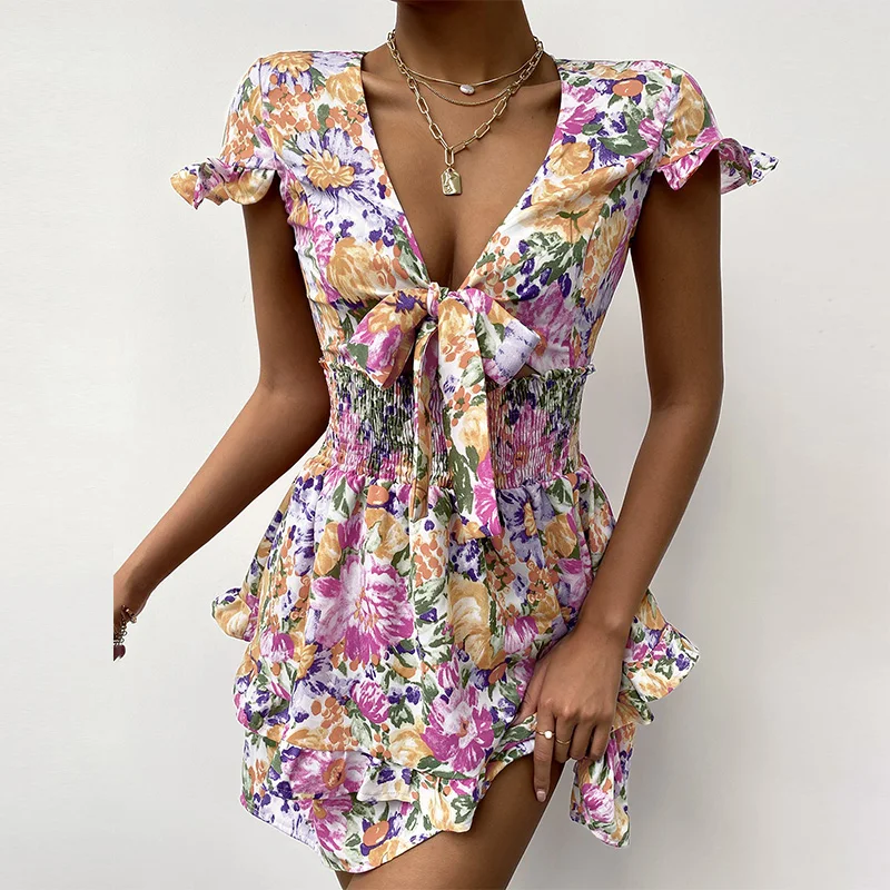 2021 Women Elegant Ruffle Butterfly Sleeve Party Dress Summer Floral Print Hollow Out Beach Dress Sexy Deep V Tie-Up Mini Dress
2021 Women Elegant Ruffle Butterfly Sleeve Party Dress Summer Floral Print Hollow Out Beach Dress Sexy Deep V Tie-Up Mini Dress