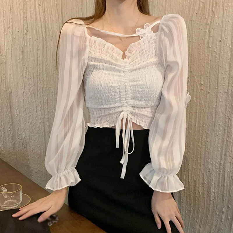Women's V Neck Butterfly Appliques Blouses Sexy Exposed Navel Long Sleeve Chiffon Shirts Women Shirt/
Women's V Neck Butterfly Appliques Blouses Sexy Exposed Navel Long Sleeve Chiffon Shirts Women Shirt/