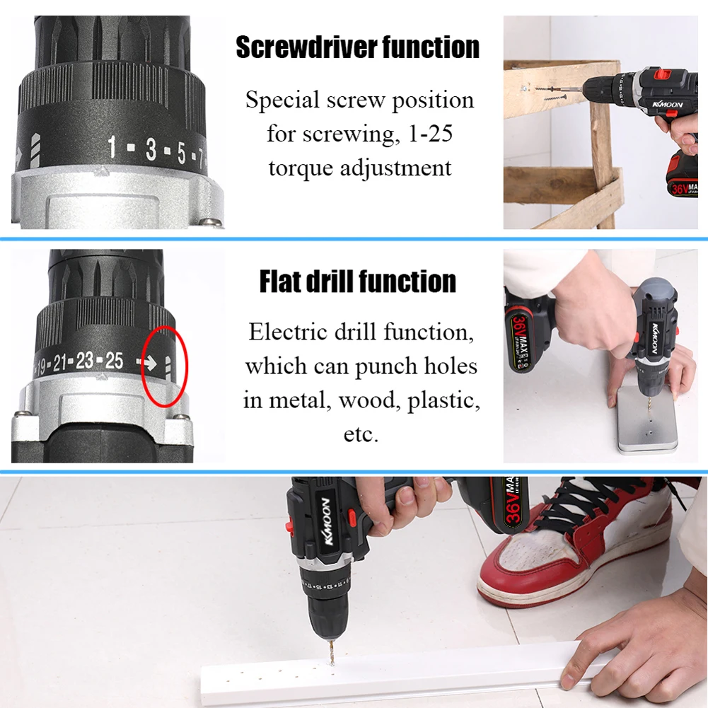 KKMoon 36V Electric Drill Cordless High-power 2 Lithium Battery Wireless Hand Drills Brush Motor Home DIY Electric Power Tools
KKMoon 36V Electric Drill Cordless High-power 2 Lithium Battery Wireless Hand Drills Brush Motor Home DIY Electric Power Tools