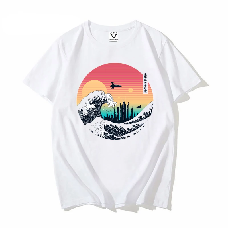 

2021 японская мода Корейская одежда Ulzzang Эстетическая Футболка мужская повседневная футболка Harajuku The Great Future Wave футболка унисекс уличная одежда