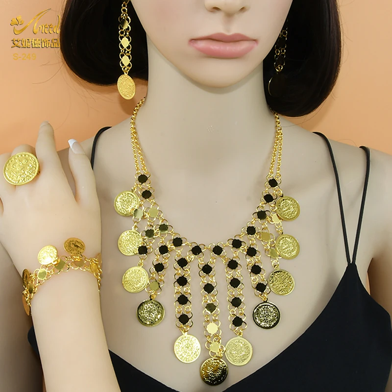 African Jewelry Set Dubai Gold Plated Woman Jewellery Coin Pendant Ladies Necklace Bracelet Earring Ring Set Indian Ornament
African Jewelry Set Dubai Gold Plated Woman Jewellery Coin Pendant Ladies Necklace Bracelet Earring Ring Set Indian Ornament