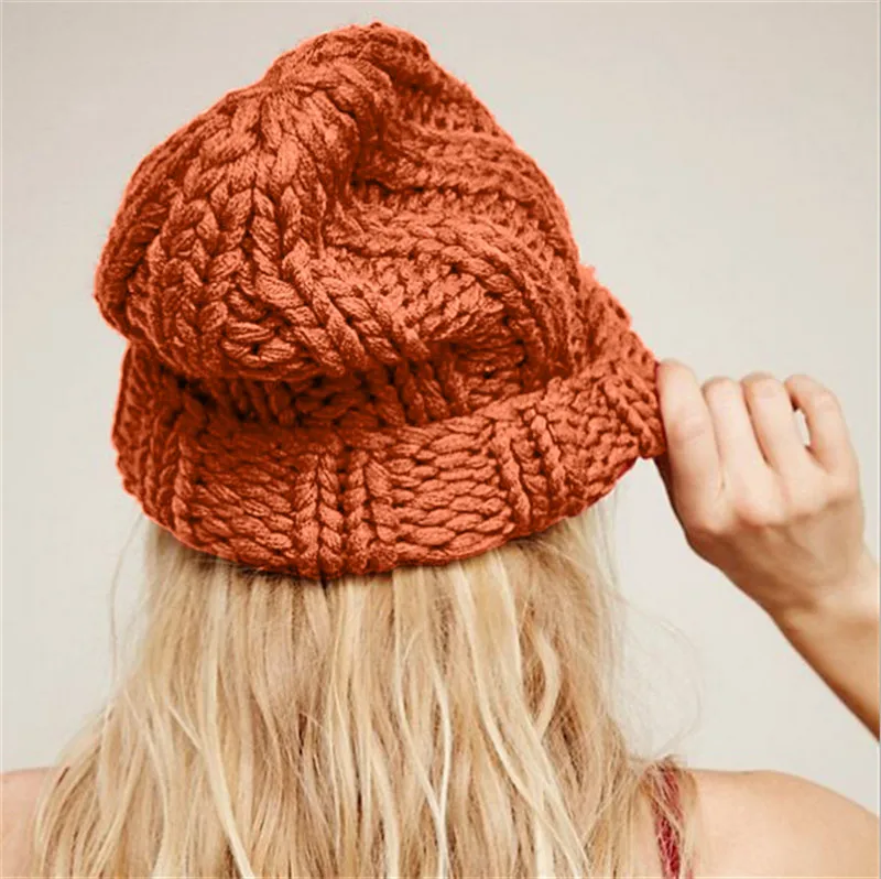 Women Ladies Thick Braided Crochet Wool Knit Ski Ball Cap Baggy Winter Warm Hat Wool Knit Ski Ball Cap Baggy Winter Warm Hat
