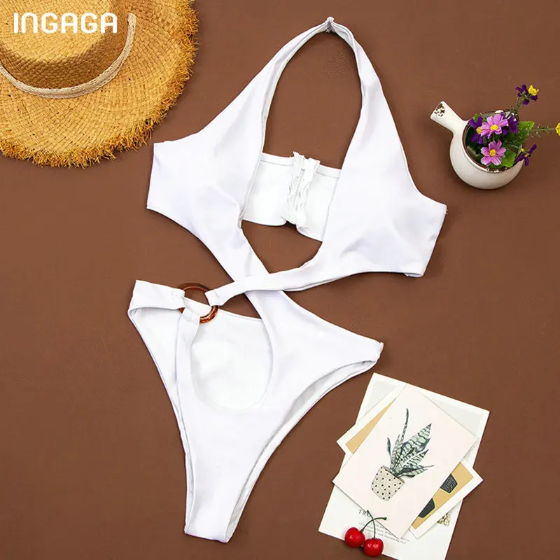 

INGAGA High Cut Women's Swimsuits One Piece Halter Swimwear Solid Bodysuits Sexy Zipper Bathers 2021 New Bathing Suits Beachwear