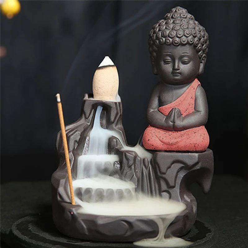 

Ceramic Little Monk Smoke Backflow Burner Incense Stick Holder Maitreya Buddha Statue Porcelain Waterfall Censer Home Decor