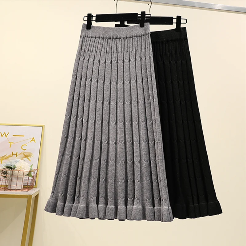 

Knitted Black Gray Pure Color Long Elegant High-Waisted Women'S Spring Autumn Winter Skirts Korean Style Fashion 2022 A5439