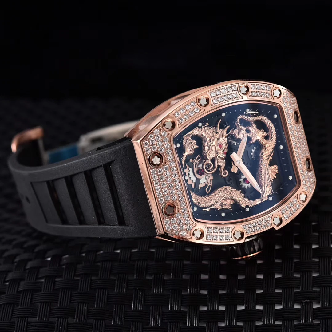 Classic Black Rubber Men Sapphire Automatic Mechanical Dragon Rose Gold Iced Diamond Tourbillion Calendar Skeleton Watch
Classic Black Rubber Men Sapphire Automatic Mechanical Dragon Rose Gold Iced Diamond Tourbillion Calendar Skeleton Watch