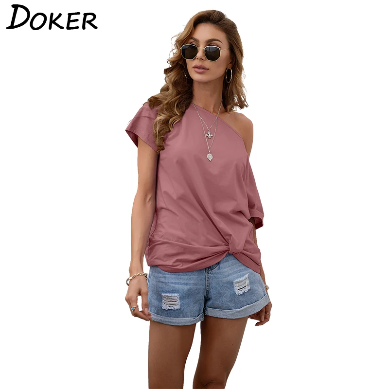 Summer Solid Color O Neck Tee Shirt Femme Sexy Off-shoulder Shirt Under Twisted Flower Diagonal Collar Casual T-shirt Women
Summer Solid Color O Neck Tee Shirt Femme Sexy Off-shoulder Shirt Under Twisted Flower Diagonal Collar Casual T-shirt Women
