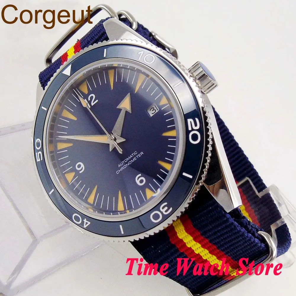 

Coegeut 41mm Miyota 8215 5ATM men's watch Blue sterial dial Sapphire Glass blue ceramic bezel nylon strap Automatic wrist watch