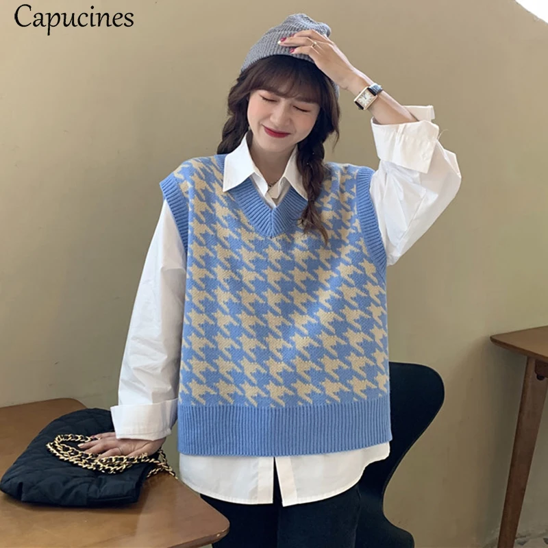 Capucines Fashion Houndstooth V Neck Sweater Vest Women Jumper Sleeveless Knit Crop Top Autumn Winter 2021 New Korean Pullover 
Capucines Fashion Houndstooth V Neck Sweater Vest Women Jumper Sleeveless Knit Crop Top Autumn Winter 2021 New Korean Pullover