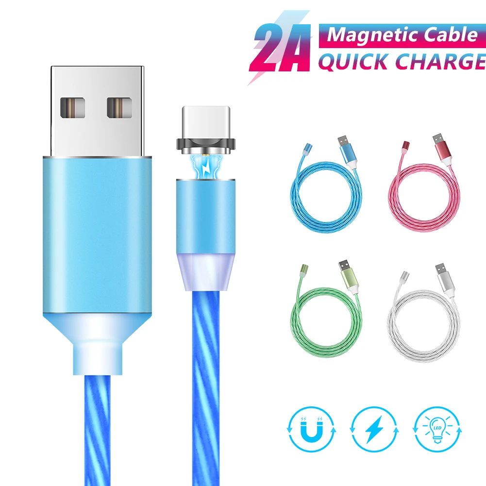 

5v 2A 1m Auto-Connect round LED glowing charging magnetic USB C Type C cable For Samsung A8 A7 Huawei Mate 20 Honor Xiaomi phone