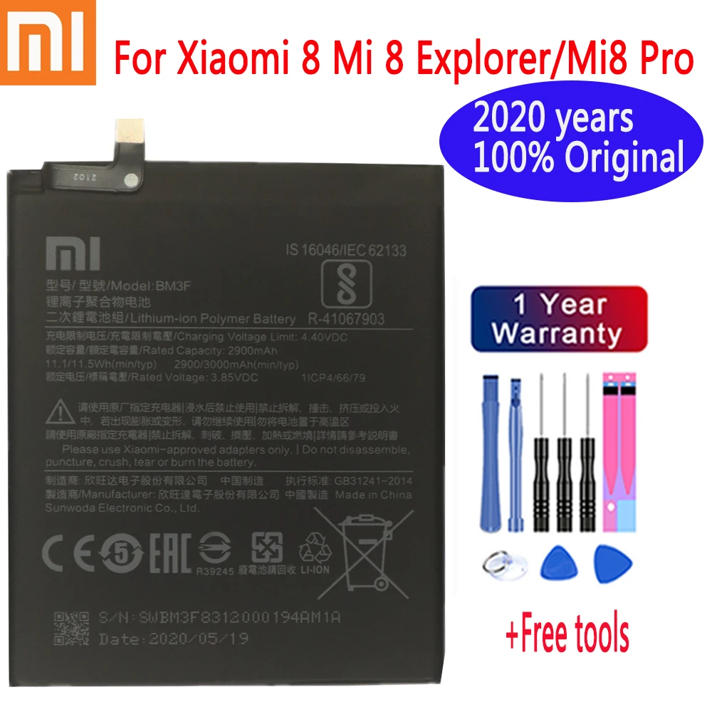 

Xiao mi 100% Orginal battery BM3F 3000mAh For Xiaomi 8 Mi 8 Explorer/Mi8 Pro BM3F Phone Replacement Batteries +free Tools