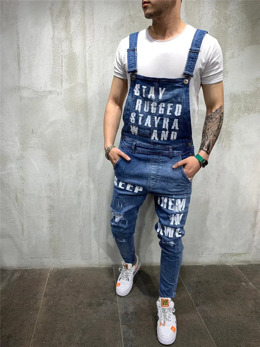 2021 Fashion Men's Ripped Jeans Jumpsuits Ankle Length Letter Printing Distressed Denim Bib Overalls For Men Suspender Pants
2021 Fashion Men's Ripped Jeans Jumpsuits Ankle Length Letter Printing Distressed Denim Bib Overalls For Men Suspender Pants