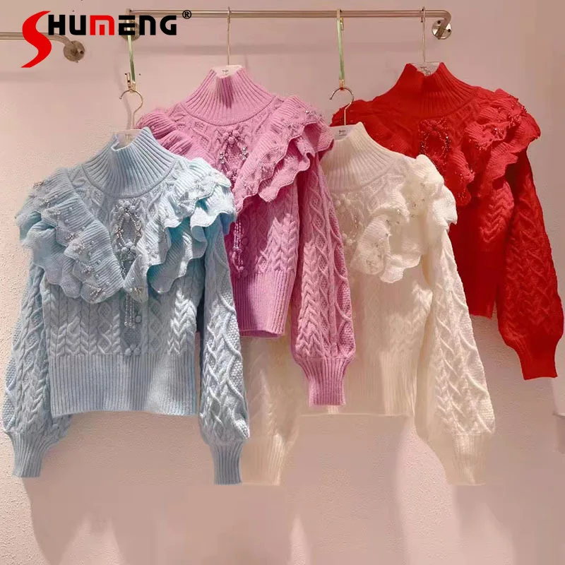 2021 Winter New Female Korean Elegant Turtleneck Pullover Sweater Ladies Fashion Sweet Beads Ruffled Solid Color Knitted Top
2021 Winter New Female Korean Elegant Turtleneck Pullover Sweater Ladies Fashion Sweet Beads Ruffled Solid Color Knitted Top