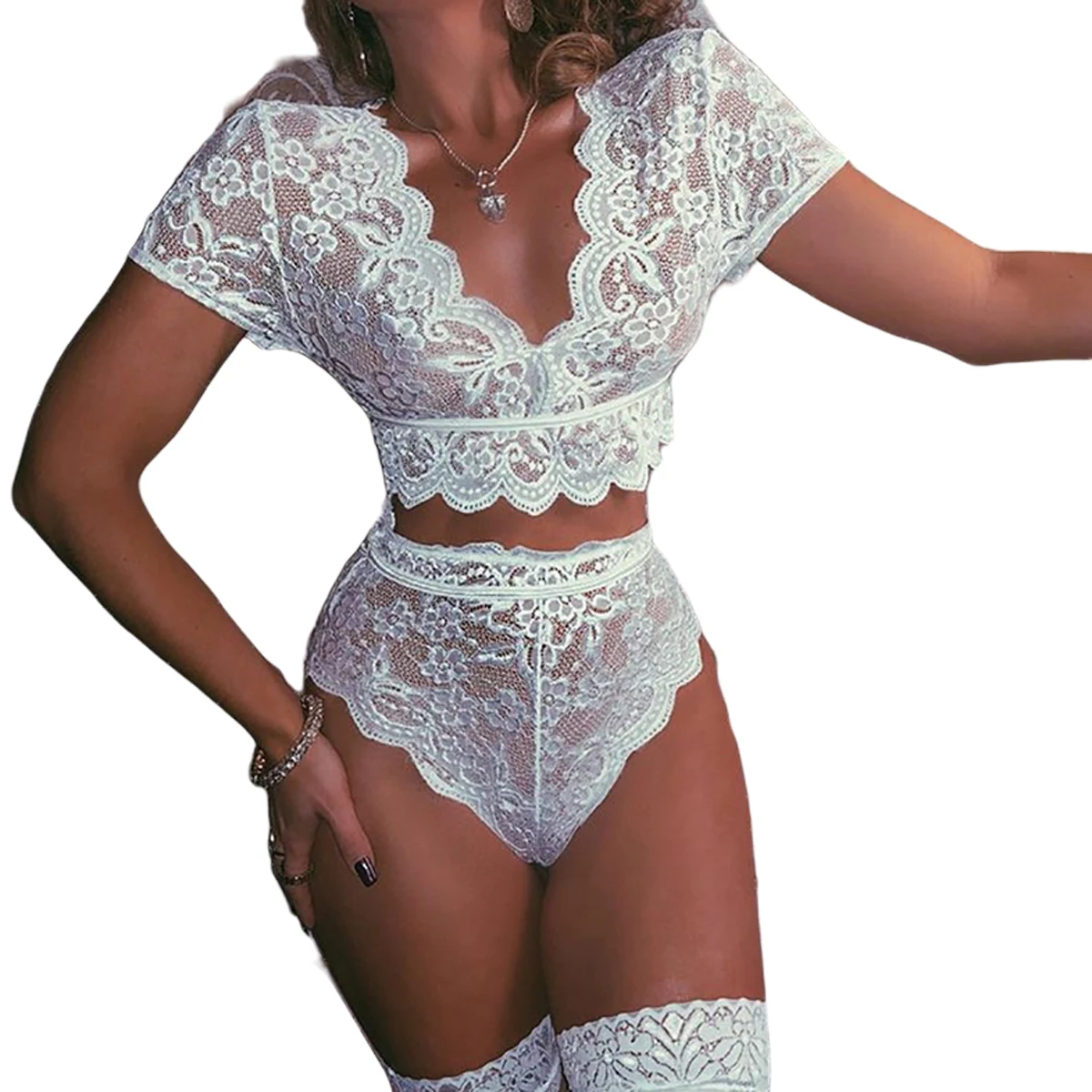 2Pcs Women Underwear Set Solid Lace Floral Embroidery V-Neck Short Sleeves Crop Top High Waist Briefs Sexy Perspective
2Pcs Women Underwear Set Solid Lace Floral Embroidery V-Neck Short Sleeves Crop Top High Waist Briefs Sexy Perspective