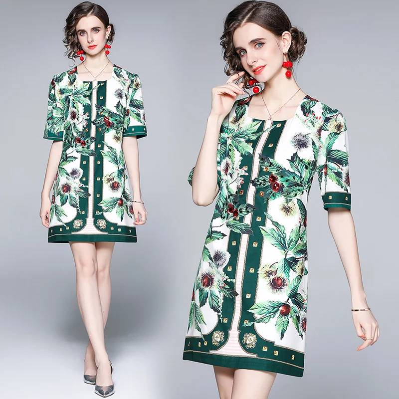 Женское платье с коротким рукавом, летнее свободное платье с квадратным вырезом и принтом в стиле ретро 
Женское платье с коротким рукавом, летнее свободное платье с квадратным вырезом и принтом в стиле ретро