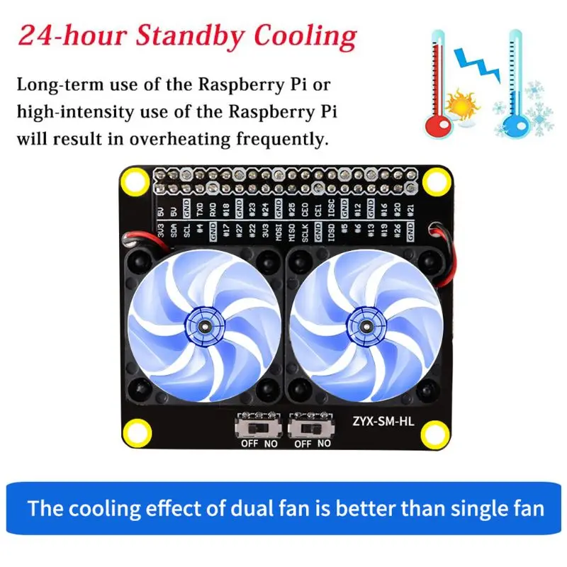 Raspberry Pi 4B Dual Cooling Fans and Automatic Discoloration LED GPIO Expansion
Raspberry Pi 4B Dual Cooling Fans and Automatic Discoloration LED GPIO Expansion