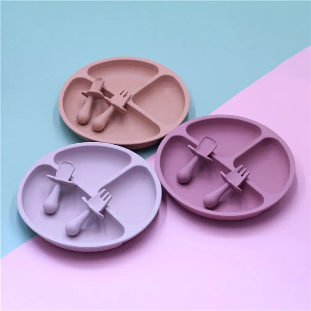 Divided Silicone Plate Kids Food Plate Set Feeding Bowls Dishes With Mini Fork And Spoon BPA-Free For Toddler Kids
