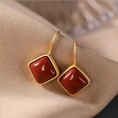 

Silver Gold Inlaid South Red Geometric Ear Hook Women's Natural Agate Stone Square Earrings Simple Graceful Earrings Eardrops
