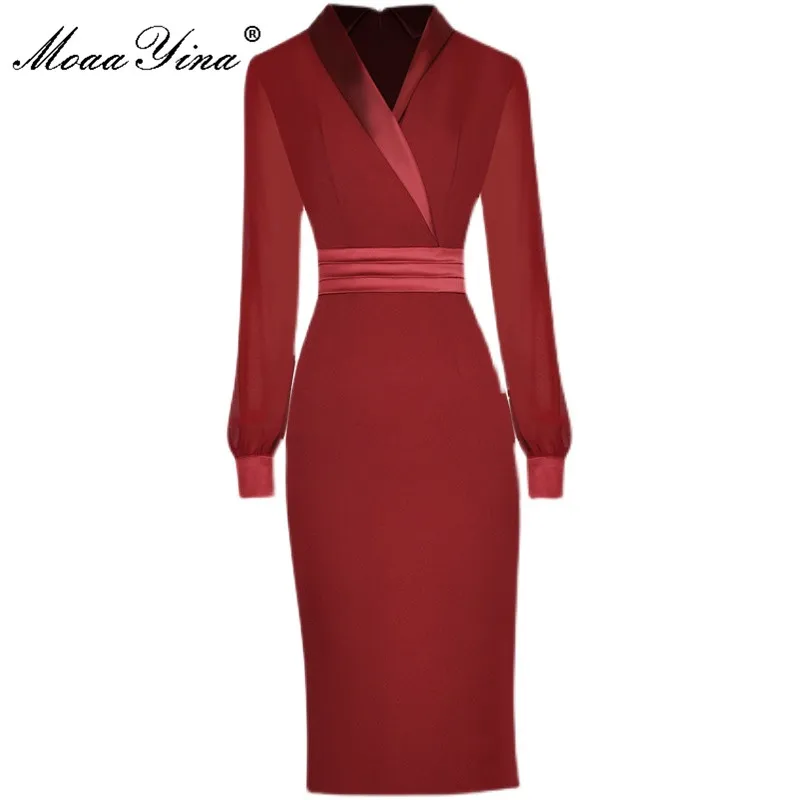 Женское облегающее платье-карандаш MoaaYina, красное приталенное платье с v-образным вырезом и длинным рукавом на осень 
Женское облегающее платье-карандаш MoaaYina, красное приталенное платье с v-образным вырезом и длинным рукавом на осень