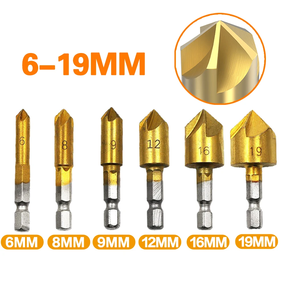 3/6Pcs Countersink Drill Bit Set 1/4'' Hex Shank HSS 5 Flute Countersink 90 Degree Wood Chamfering Cutter Chamfer 6mm-19mm Drill
3/6Pcs Countersink Drill Bit Set 1/4'' Hex Shank HSS 5 Flute Countersink 90 Degree Wood Chamfering Cutter Chamfer 6mm-19mm Drill