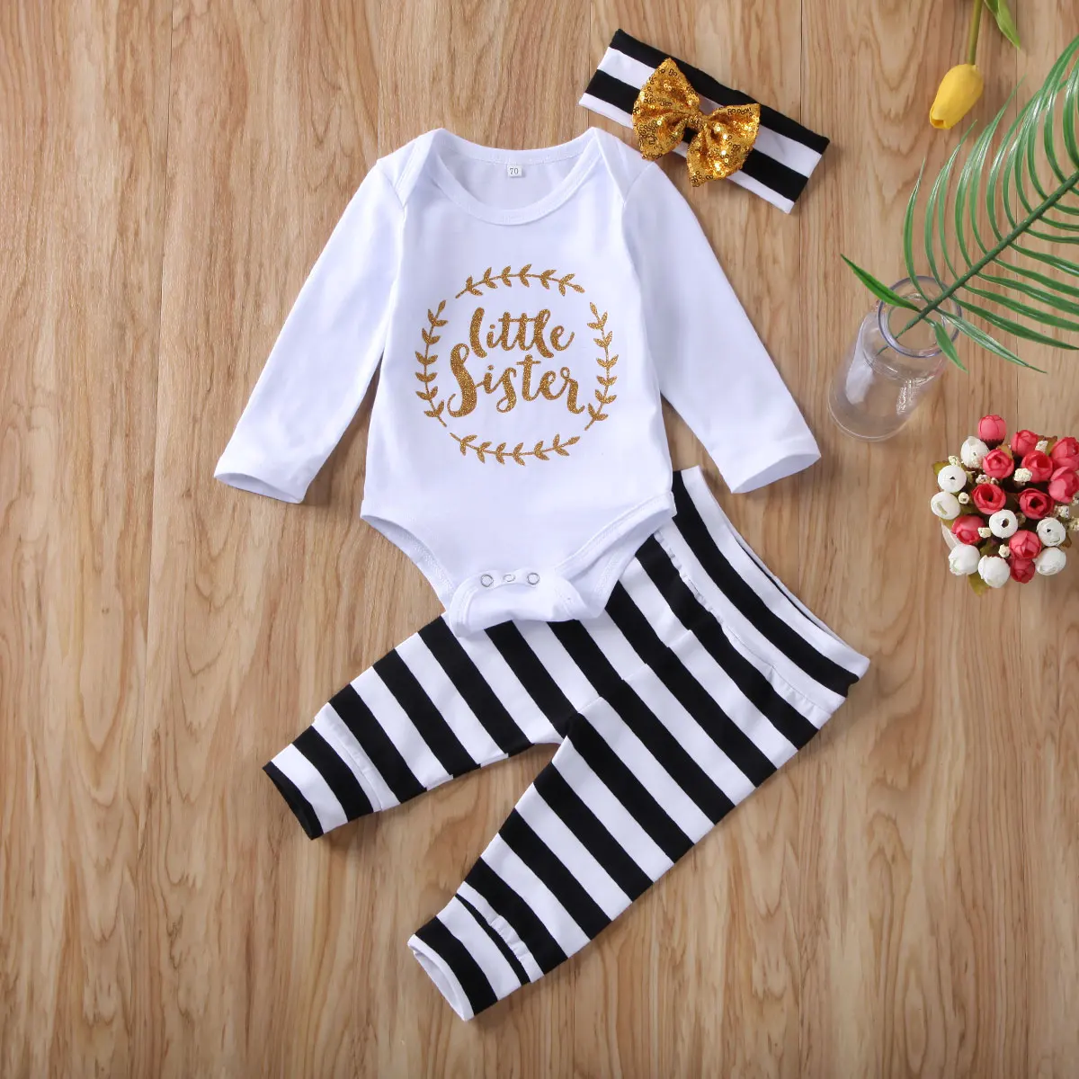 Baby Little Sister Clothes Set, Newborn Girl Long Sleeve Letter Romper Tops Jumpsuit + Striped Pants + Headband Outfits 0-12m 
Baby Little Sister Clothes Set, Newborn Girl Long Sleeve Letter Romper Tops Jumpsuit + Striped Pants + Headband Outfits 0-12m
