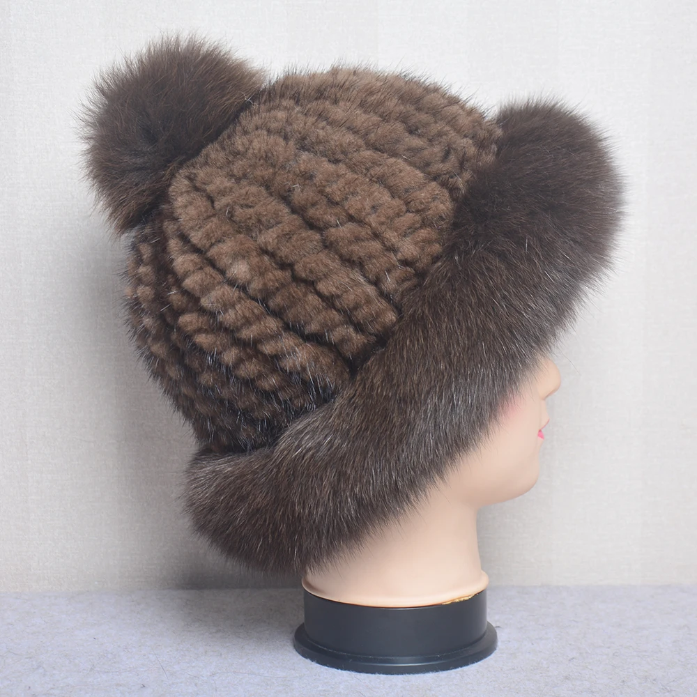Lady Winter Outdoor Luxury Knitted Real Genuine Fox Fur Balls Hats Women Mink Caps Beanies Hat Skullies | Аксессуары для одежды