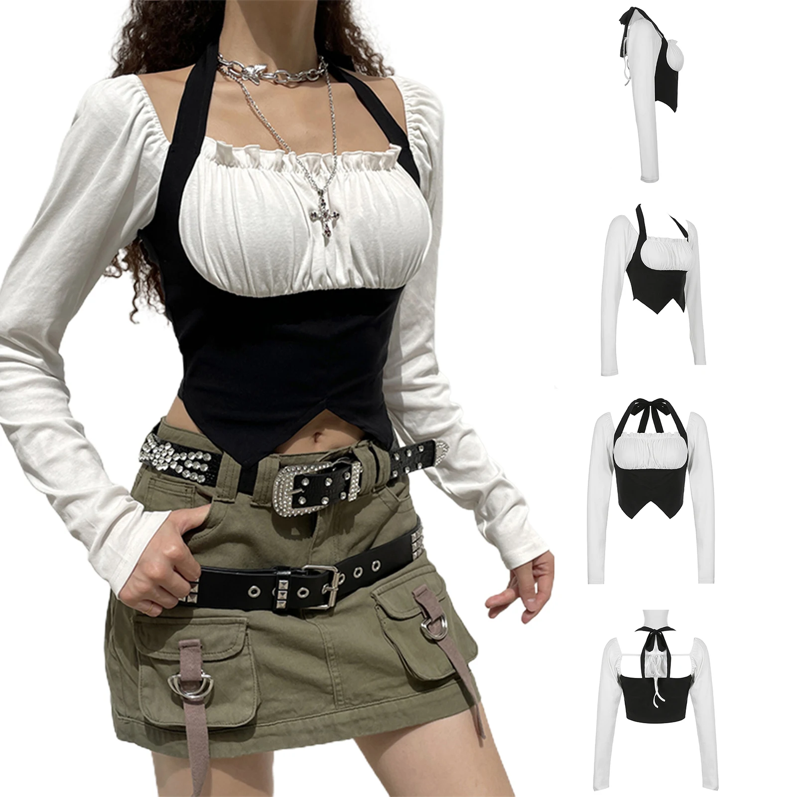 Women Two Fake Long Sleeve Tops Vintage Color Matching Fold Decoration Adjustable Halter T-shirts Spring Fall Clothing
Women Two Fake Long Sleeve Tops Vintage Color Matching Fold Decoration Adjustable Halter T-shirts Spring Fall Clothing