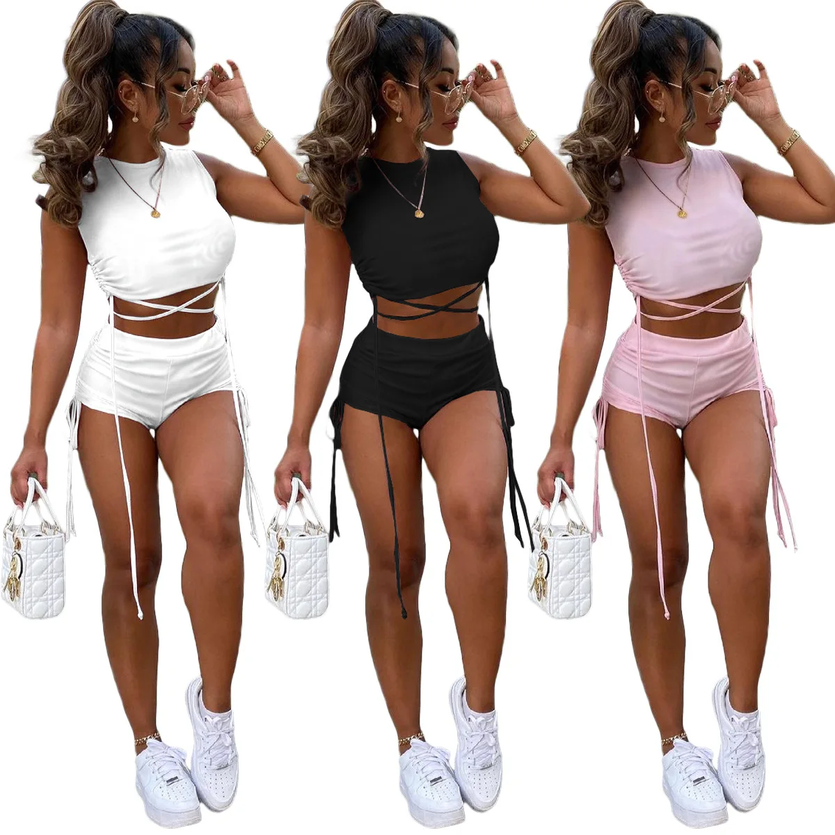 Women Set Solid Lace Up Draw String Sleeveless Crop Tops Mini Shorts Two 2 Piece Sets Active Tracksuit Outfit Summer
Women Set Solid Lace Up Draw String Sleeveless Crop Tops Mini Shorts Two 2 Piece Sets Active Tracksuit Outfit Summer