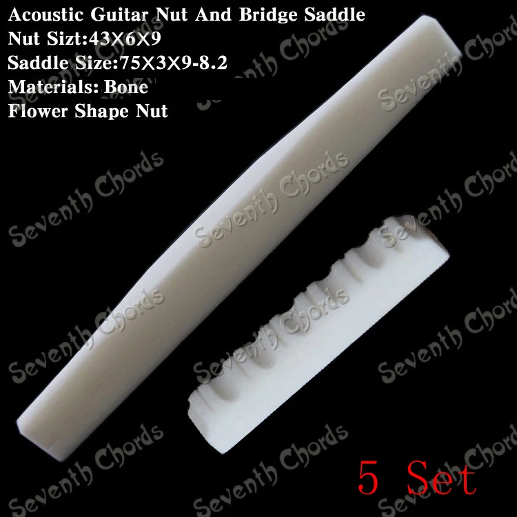 5 Sets Bone Acoustic Guitar Nut and 75mm Bridge Saddle (Nut Size 43x6x9mm / Bridge Size 75x3x9-8.2mm) Flower Shape Nut
5 Sets Bone Acoustic Guitar Nut and 75mm Bridge Saddle (Nut Size 43x6x9mm / Bridge Size 75x3x9-8.2mm) Flower Shape Nut