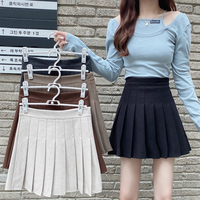 

khaki pleated mini skirt women autumn winter new high waist a-line skirt female thick tweed bottoms skirts with linning