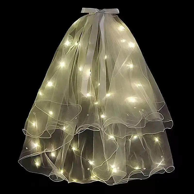 

2021 New LED Luminous Veil Length 80cm Light Up Glowing Yarn Fairy Ribbon Bow Veil with Lights Strings For Party Wedding Bridal