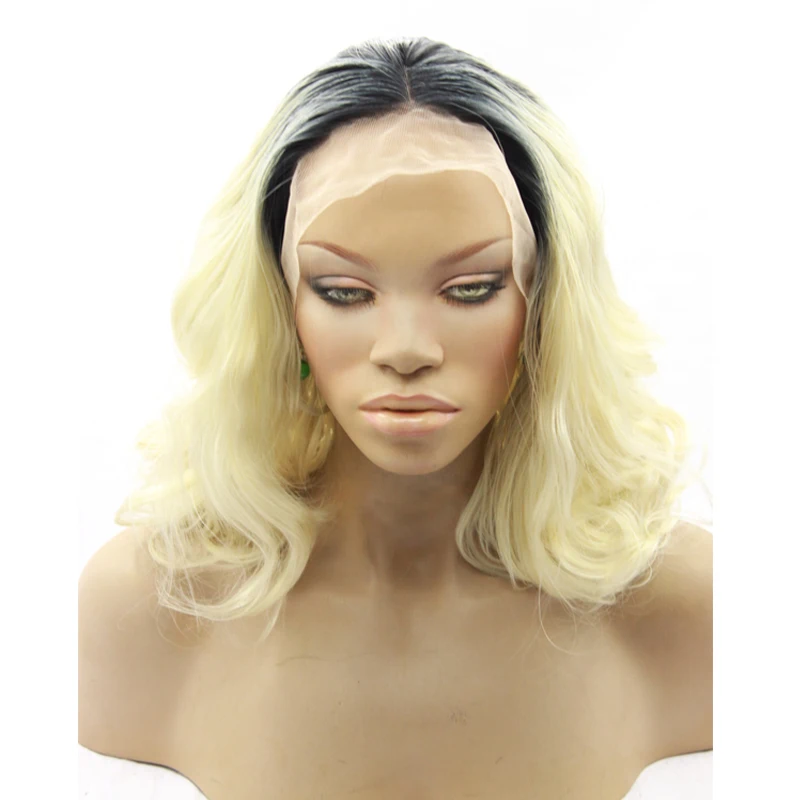 1B/613 # блонд боб парик на кружеве 2 тона Омбре короткий волнистый натуральный