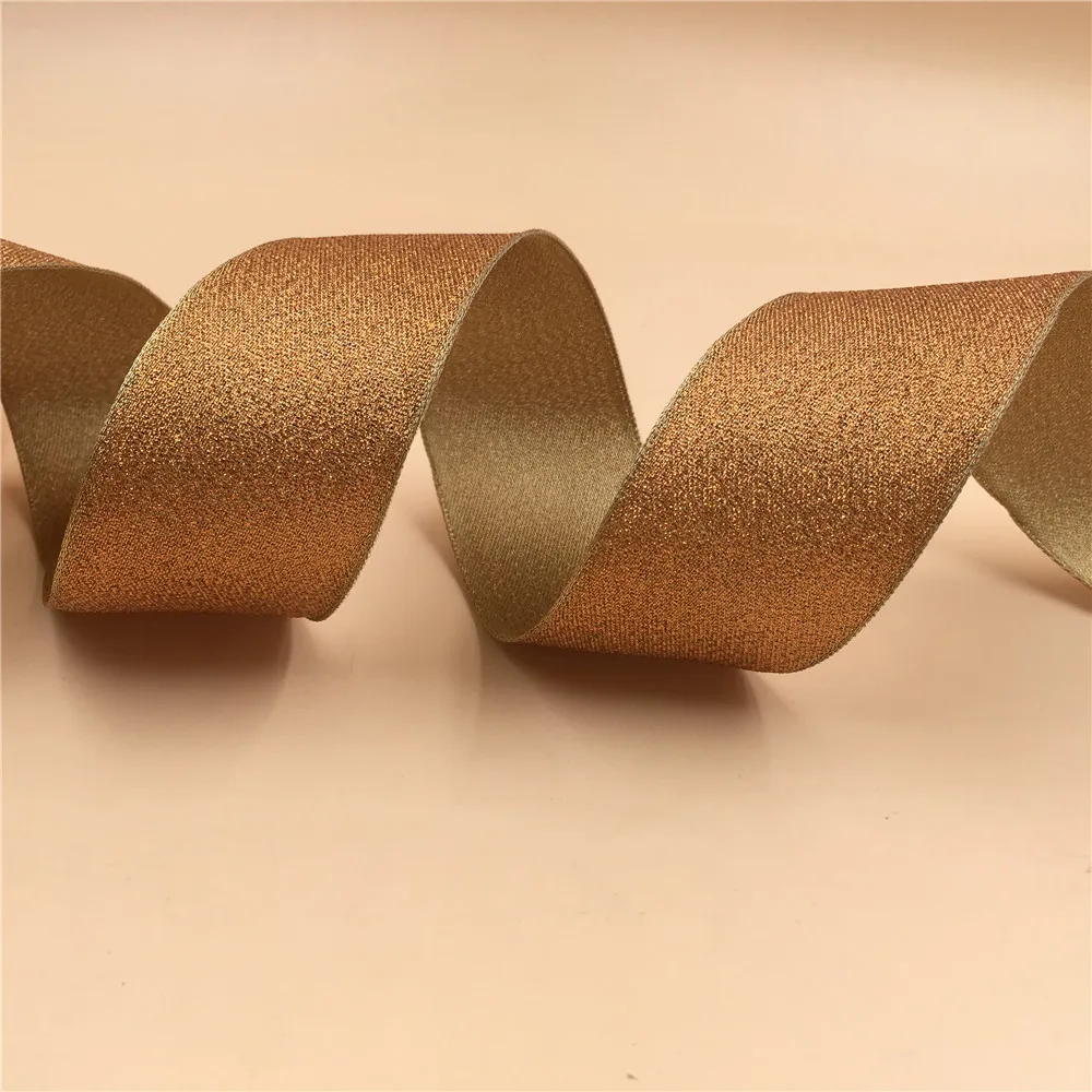 

38MM 25yards Wired Edge Golden Ribbon With Two Tone Gold Lurex for Festival Christmas Decoration New Year Gift Wrapping N2226