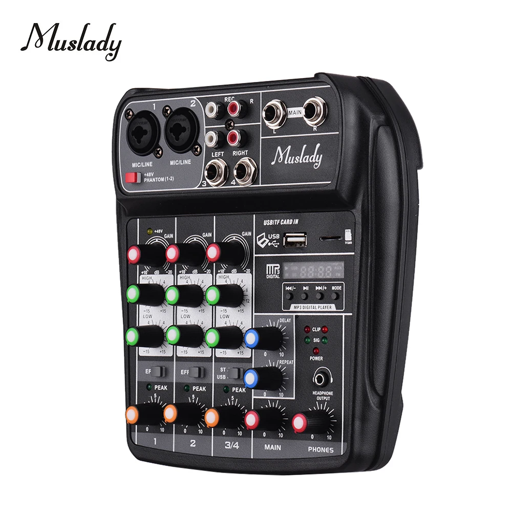 

Muslady AI-4 компактный микшерный пульт Цифровой аудио смеситель 4-х канальный BT MP3 USB Вход 48В Мощность для Запись DJ
