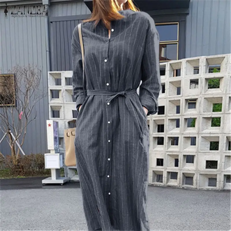 ZANZEA Autumn Women Full Sleeve Dress Stripe Printed O-Neck Button Side Pockets Vestidos Elegant Casual Holiday Vintage Robe 
ZANZEA Autumn Women Full Sleeve Dress Stripe Printed O-Neck Button Side Pockets Vestidos Elegant Casual Holiday Vintage Robe